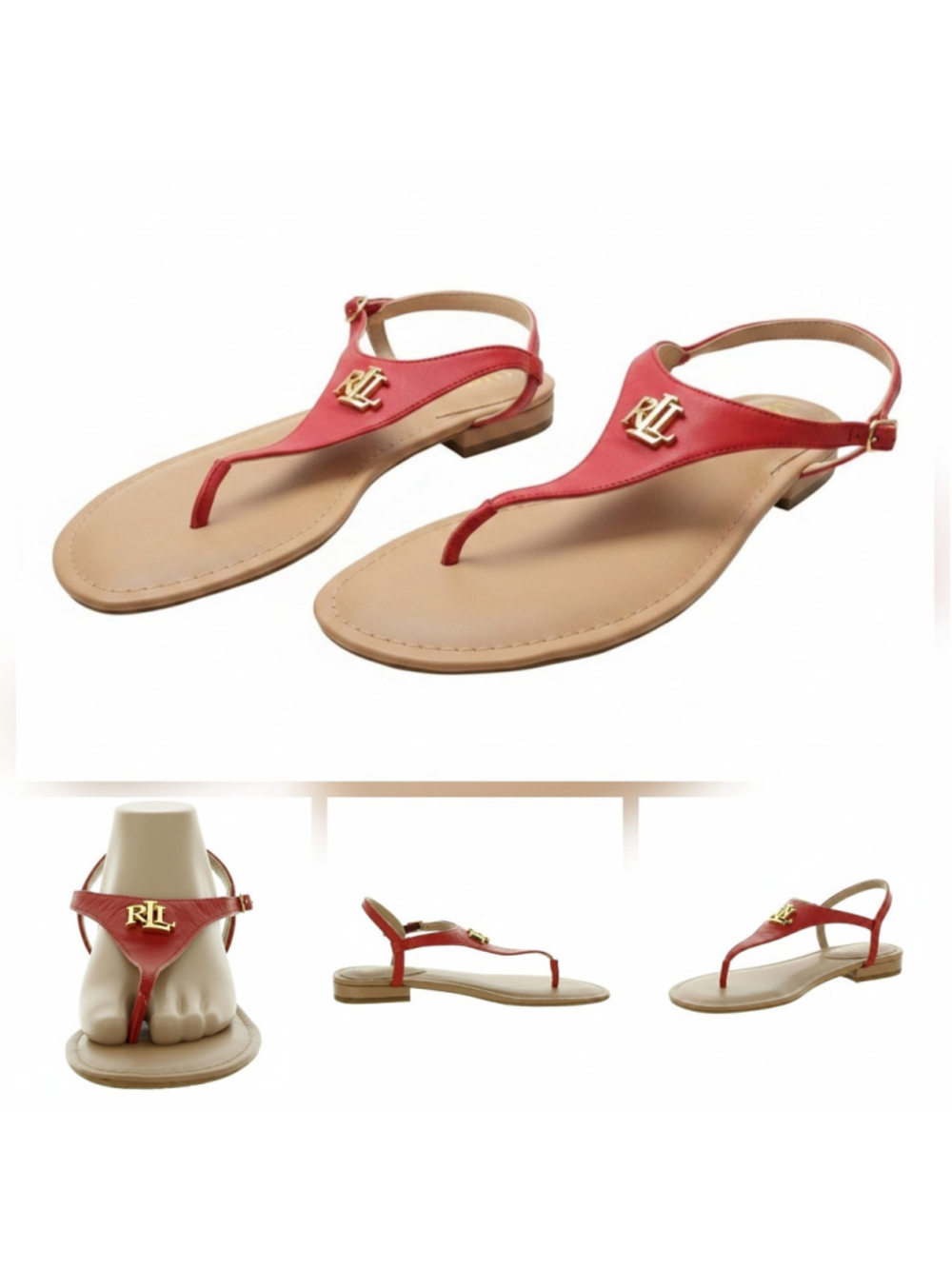 Ralph Lauren LEATHER Ankle Strap Thong Flip Flop Sandals 8 B Medium - Red - Picture 2 of 13